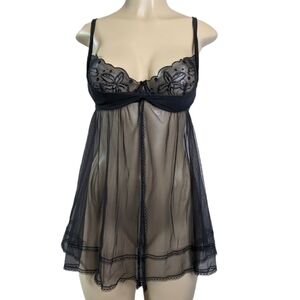 Y2K‎ Victorias Secret Black Sheer Embroidered Babydoll Lingerie